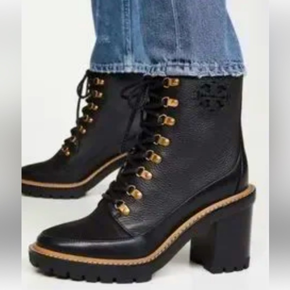 TORY BURCH LUG SOLE LEATHER BOOTS LACED UP GOLD HARDWARE IN SIZE 9.5M - Picture 1 of 10